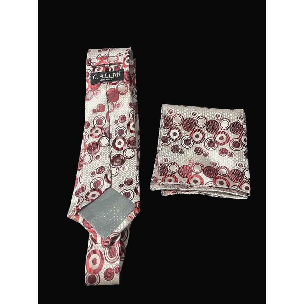C. Allen Mens Tie & Pocket Square Set - Red & White Circular Design Polyester T0